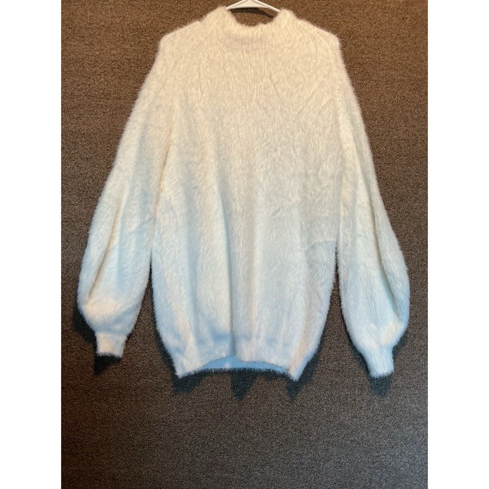 Gaberly Women White Fuzzy Sweater L Knit High Neck Long Pullover BOHO OVERSIZED